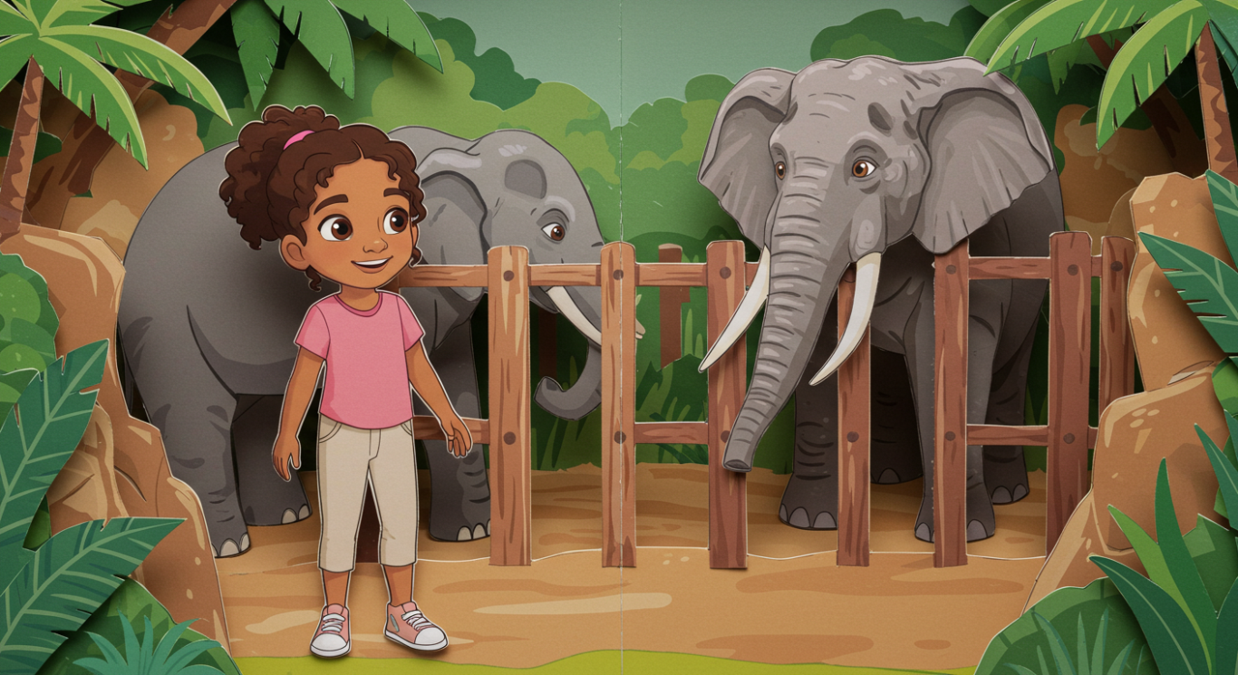 Eva at the elephant enclosure. Eva at the elephant enclosure. Layered paper digital art.