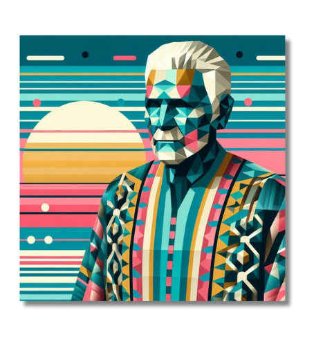 Senor Cuba Stylized portrait of an elderly man with geometric patterns and vibrant colors.