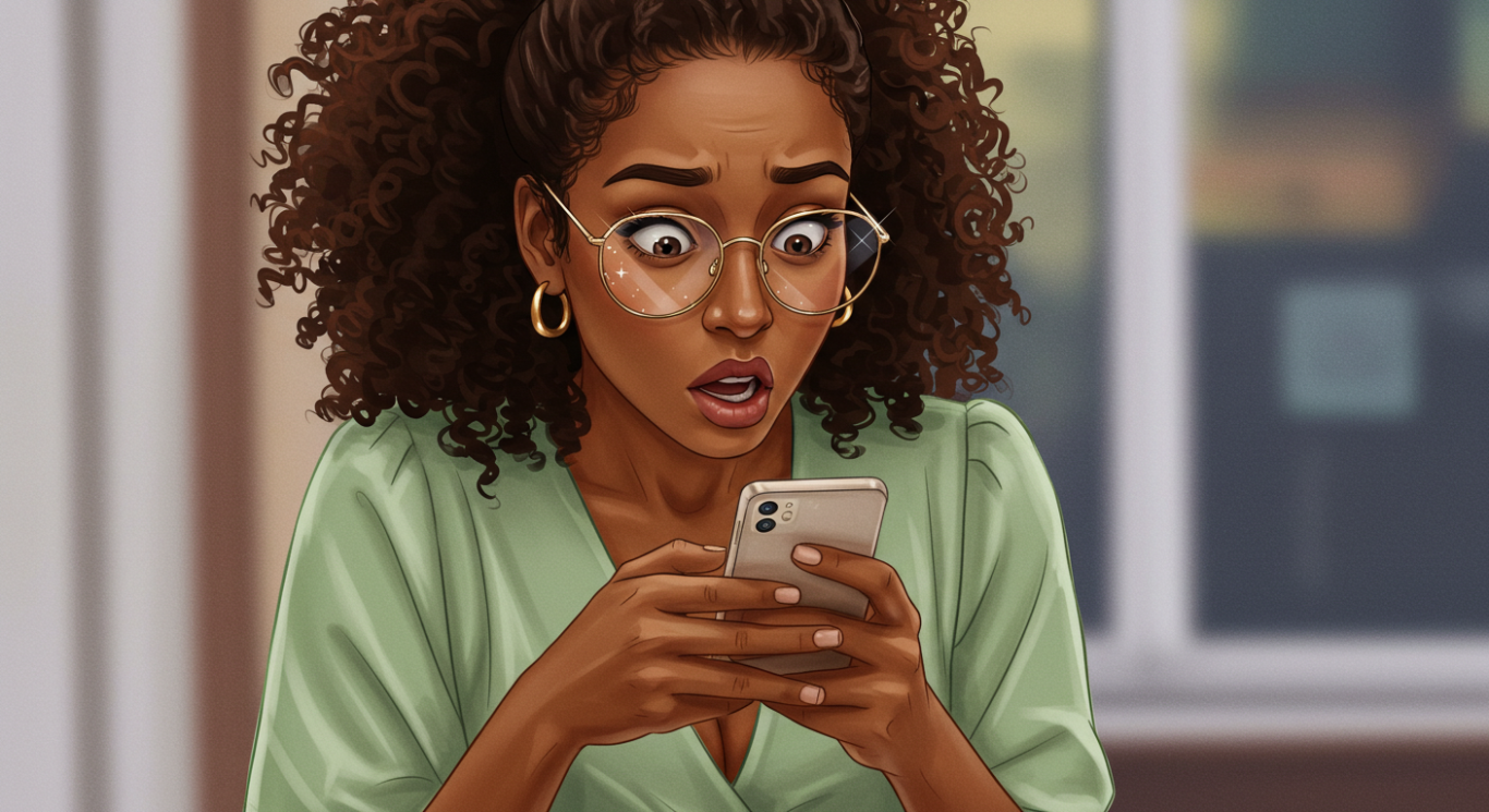 Lexy Verbena Alarmed with Cellphone. Biracial female, 30s, heart-shaped face, golden brown skin, curly dark brown hair. Green top/gold glasses. Alarmed expression. Realistic 2d.