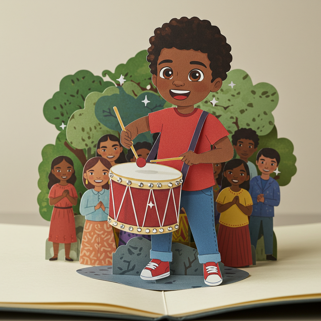 Deano and The Magical Drum Deano found a drum so bright,n
diamonds shining, magic in sight
He drummed with joy, and a portal spun. To worlds unknown, adventure begun.