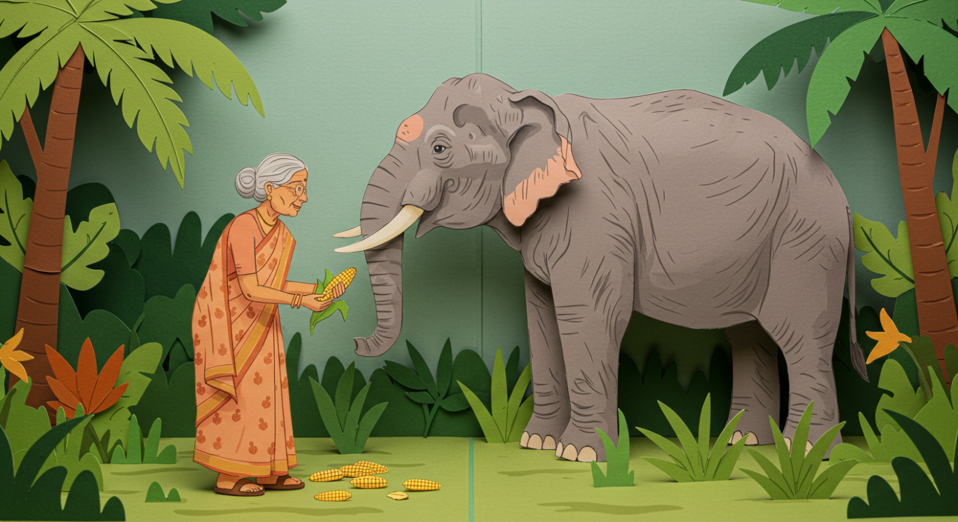 Elder Amina feeds the aging elephant. Elder Amina feeds the aging elephant.