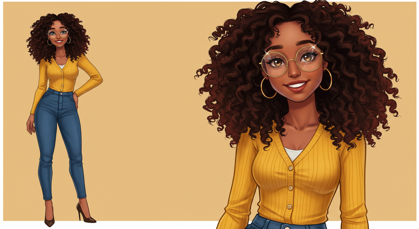 Lexy Verbena Shines. Biracial female, 30s, heart-shaped face, golden brown skin, curly dark brown hair. yellow cardigan, blue jeans. gold glasses. Realistic 2d.