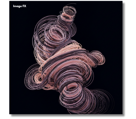Wind and Release Abstract swirls of pink and beige on a black background.